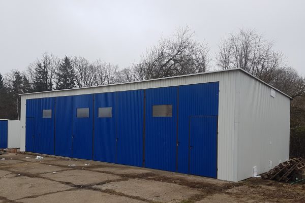 Stahlhalle 14×6m - Reinweiß/ blau