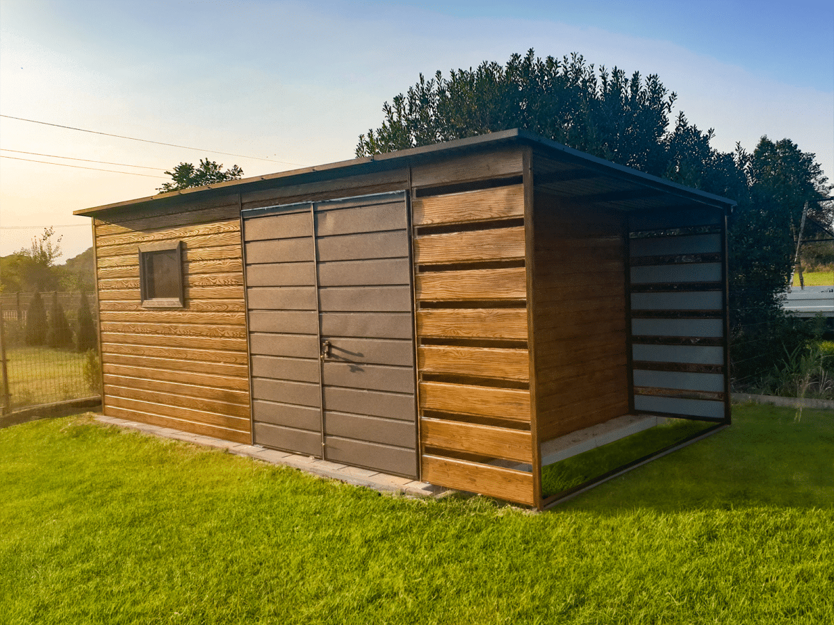 4 1 - Gartenhaus 5×3 m + zusätzliche Überdachung 1x3 m – Goldene Eiche dunkel/Anthrazitgrau matt